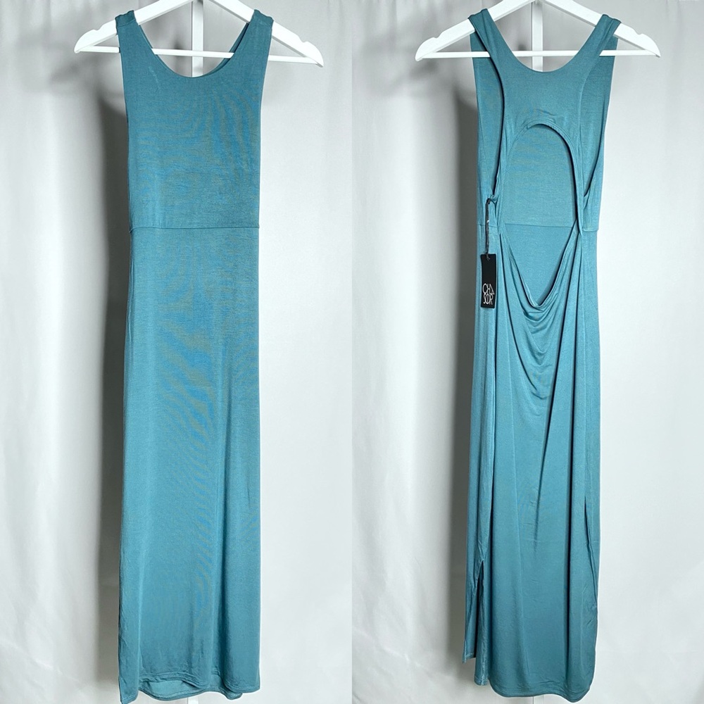 Chaser Sleeveless Midi Dress with Draped Open Back in Teal — S